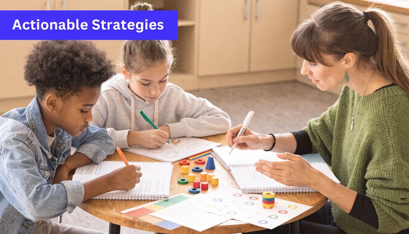 A teacher working with two elementary students on a learning activity with colored wooden blocks.