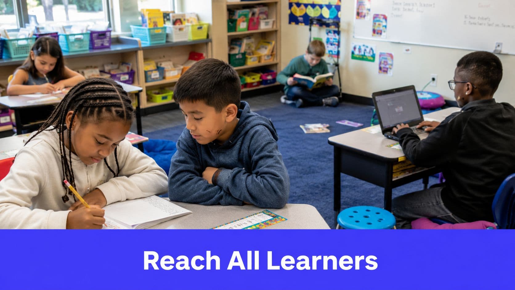 Diverse elementary students engaged in various learning activities inside a modern, well-equipped classroom environment.