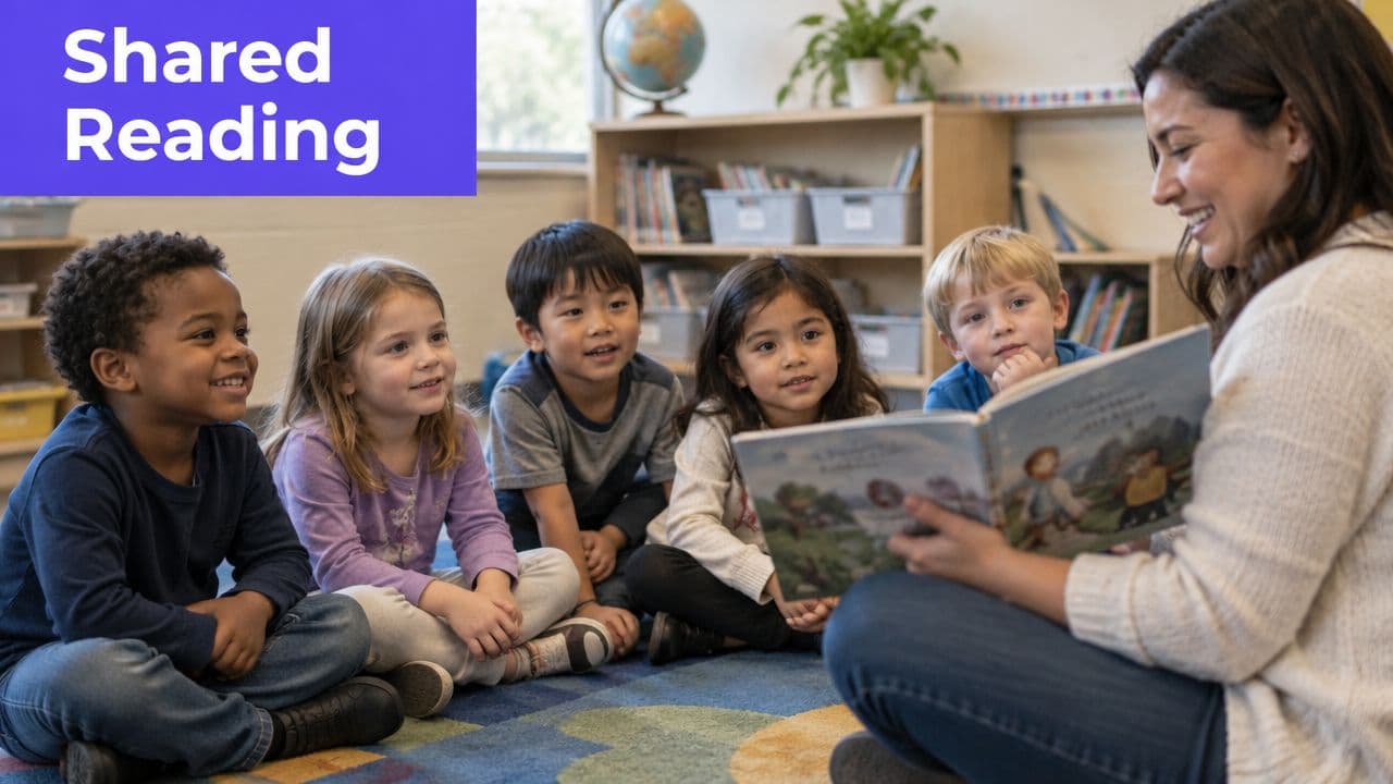 A teacher sits on the floor reading a storybook to a diverse group of young children