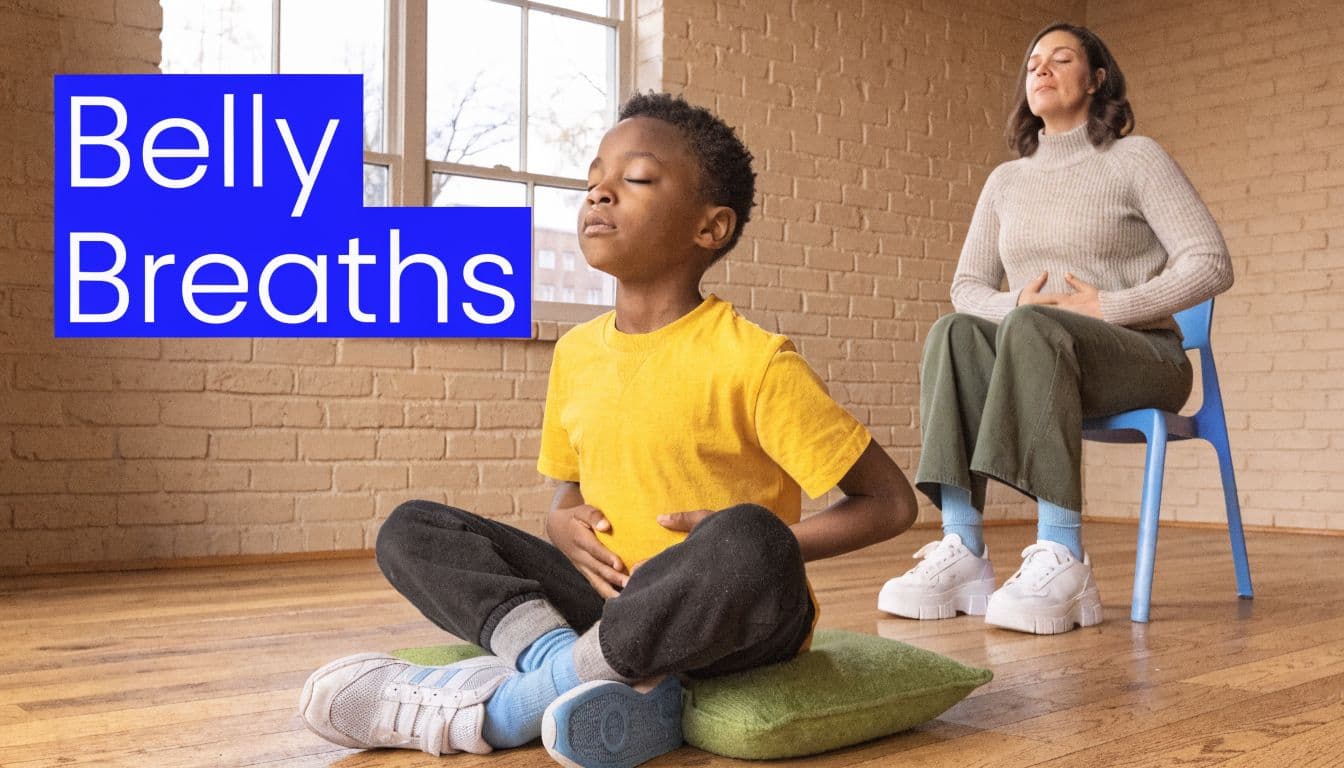 A young boy and an adult woman practicing belly breathing exercises while sitting mindfully in a room.