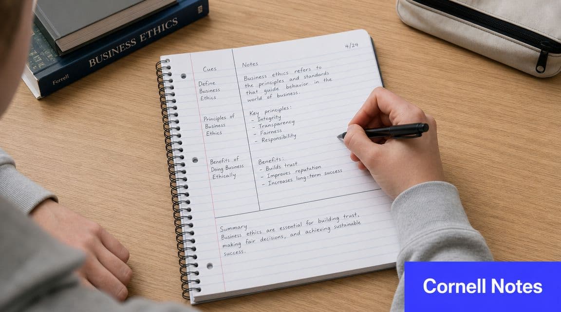 A student writing Cornell notes about business ethics in a spiral notebook on a wooden desk.