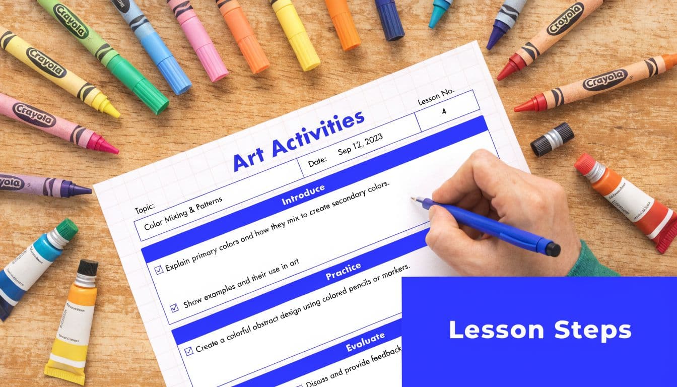 A hand holding a blue pen writing on an elementary art lesson plan sheet surrounded by crayons and paint tubes.