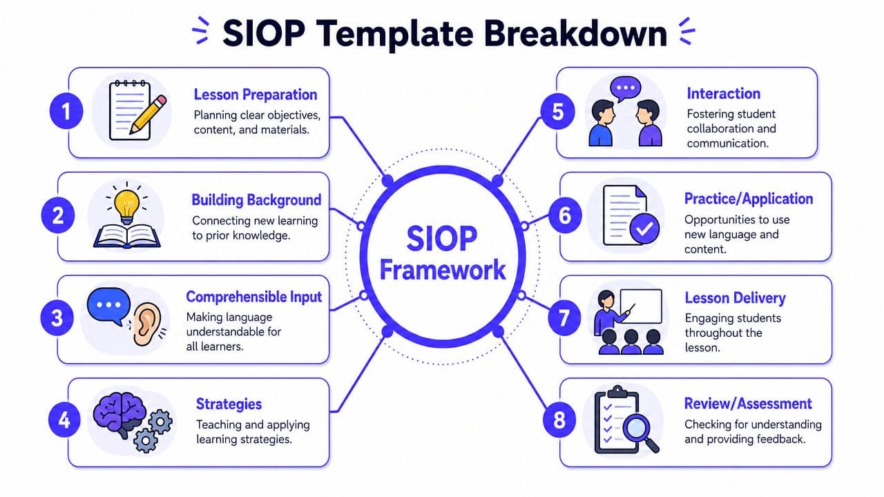 A diagram illustrating the eight components of the SIOP framework for effective lesson planning and teaching.