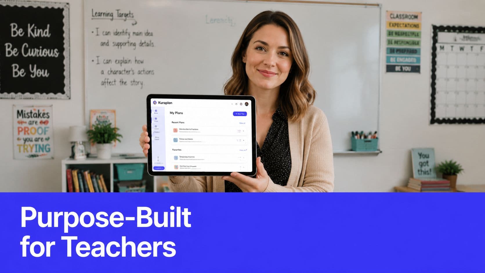 A female teacher smiling while holding a digital tablet displaying an AI-powered lesson plan dashboard in class.
