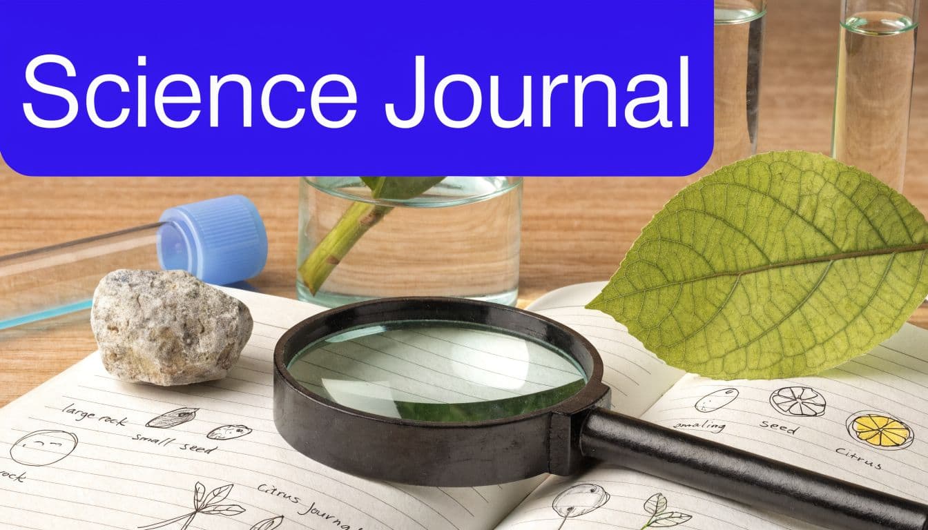 A science journal notebook featuring drawings, a magnifying glass, a rock, a leaf, and laboratory test tubes.