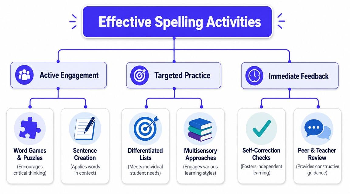 A diagram outlining key strategies for effective spelling activities, including active engagement, targeted practice, and immediate feedback.