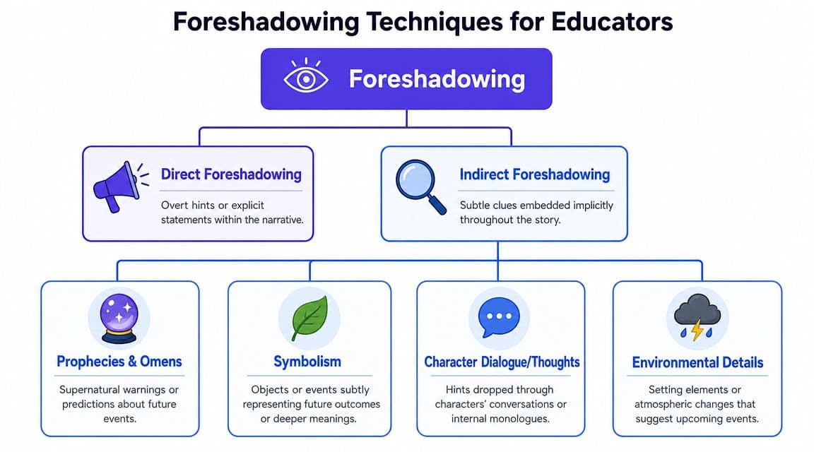 A flowchart explaining the different types of foreshadowing in literature, including direct and indirect techniques.