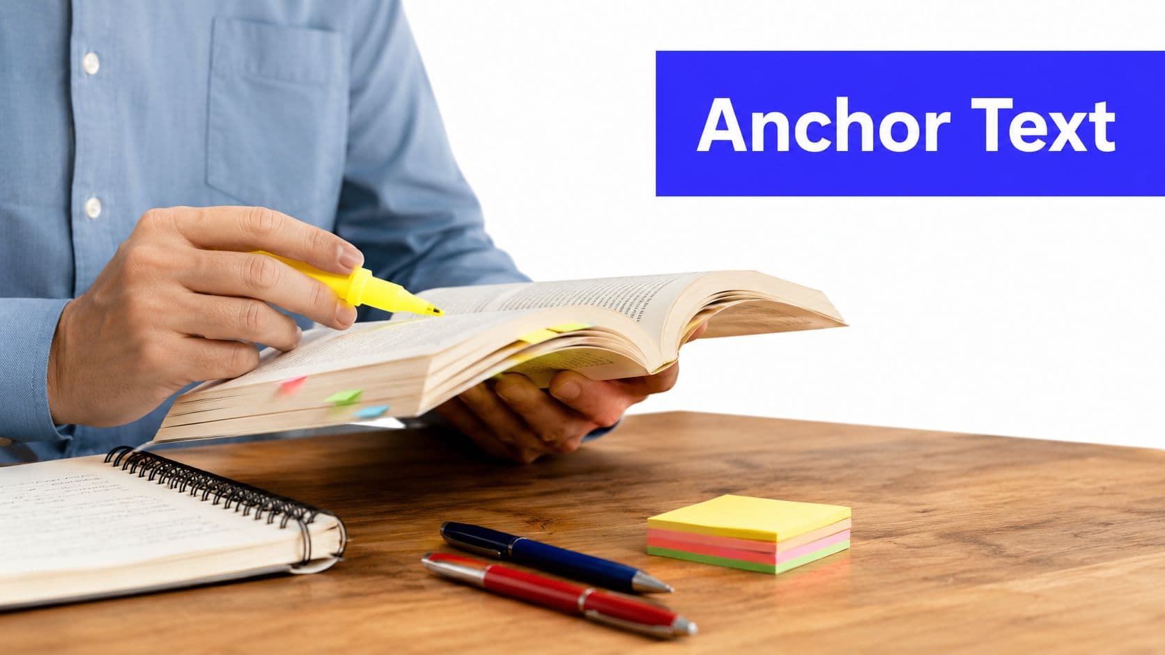 A person in a blue shirt highlighting text in an open book at a desk.