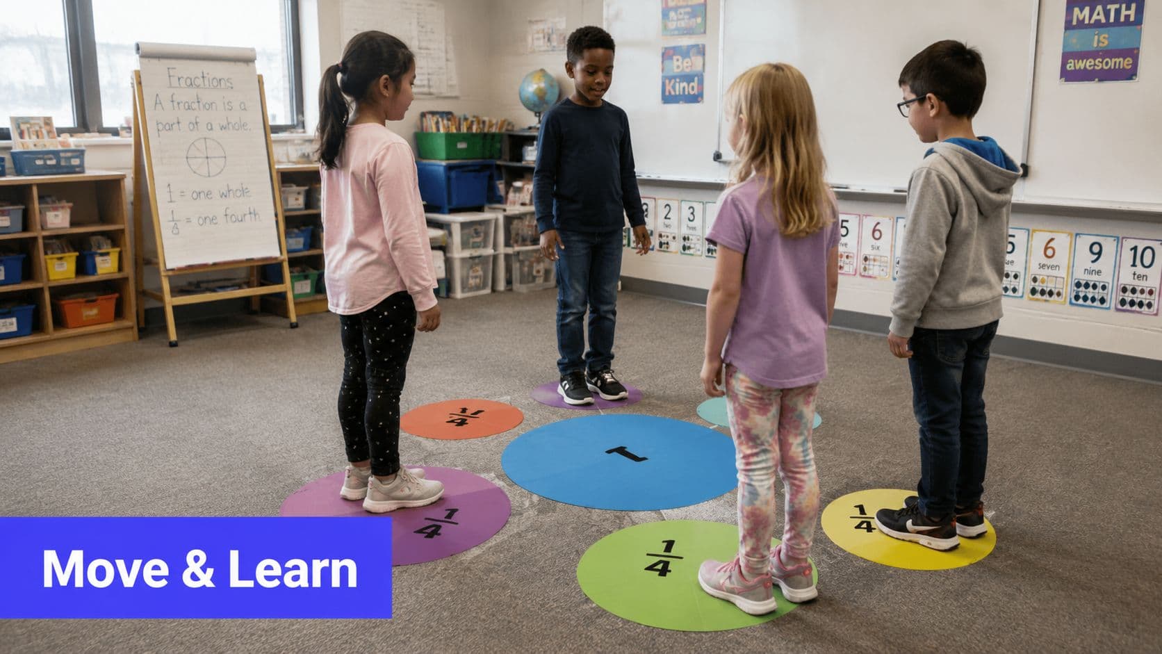 Four diverse children stand on colorful fraction floor mats during a classroom math activity.