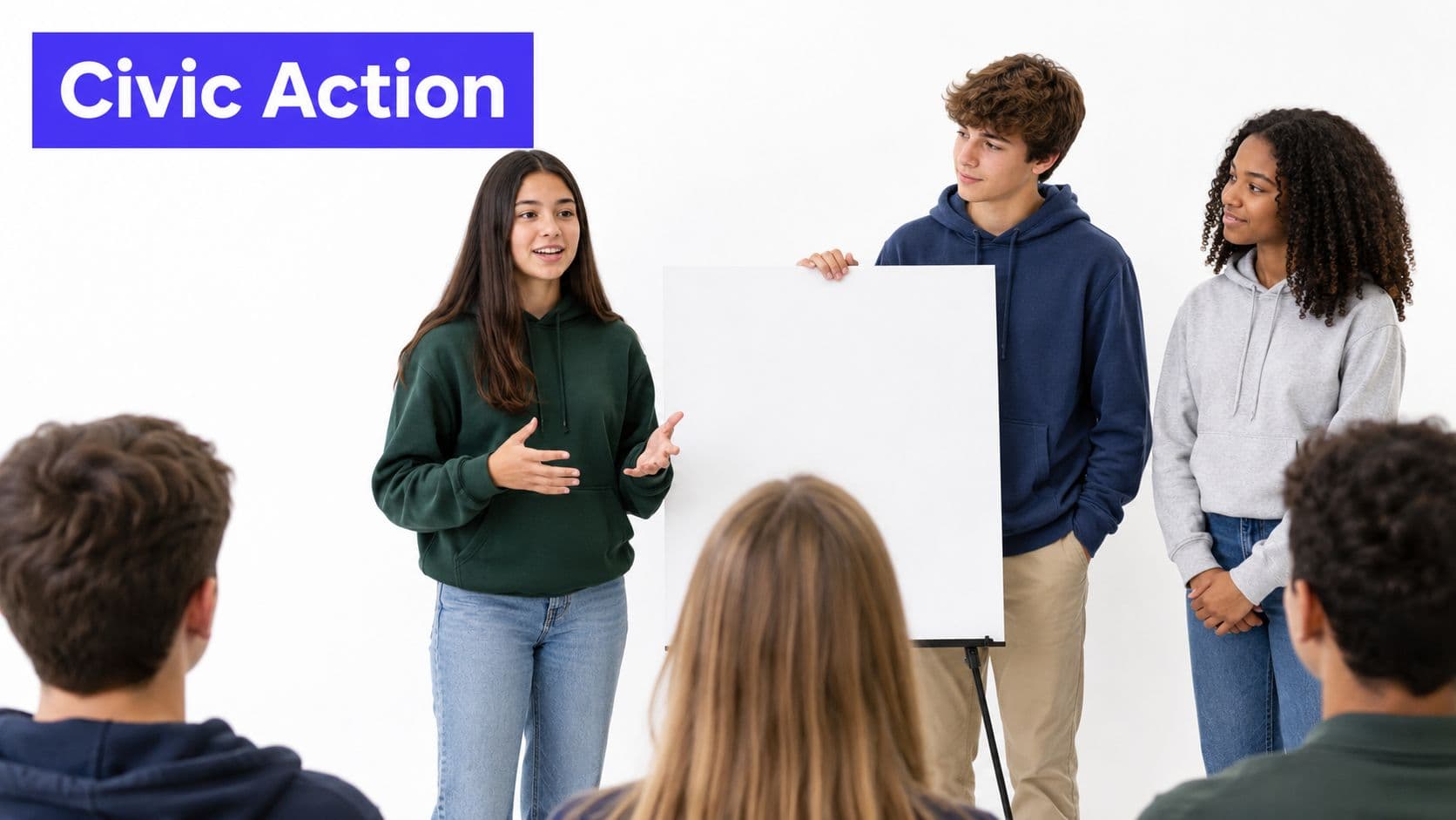 A group of diverse teenagers presenting to a classroom during a civic action social studies lesson.