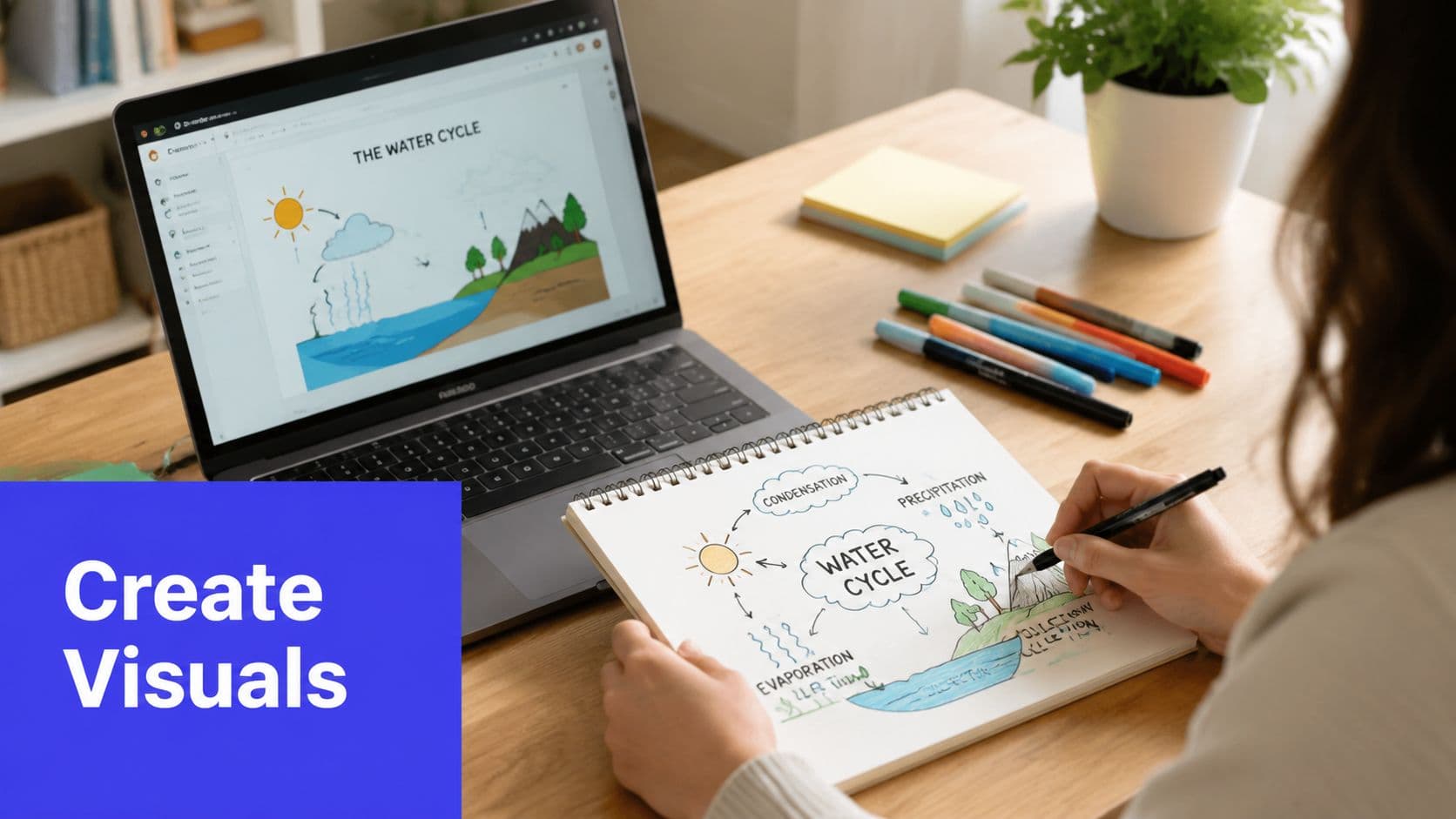 A student drawing a water cycle diagram in a notebook next to a laptop displaying educational content.