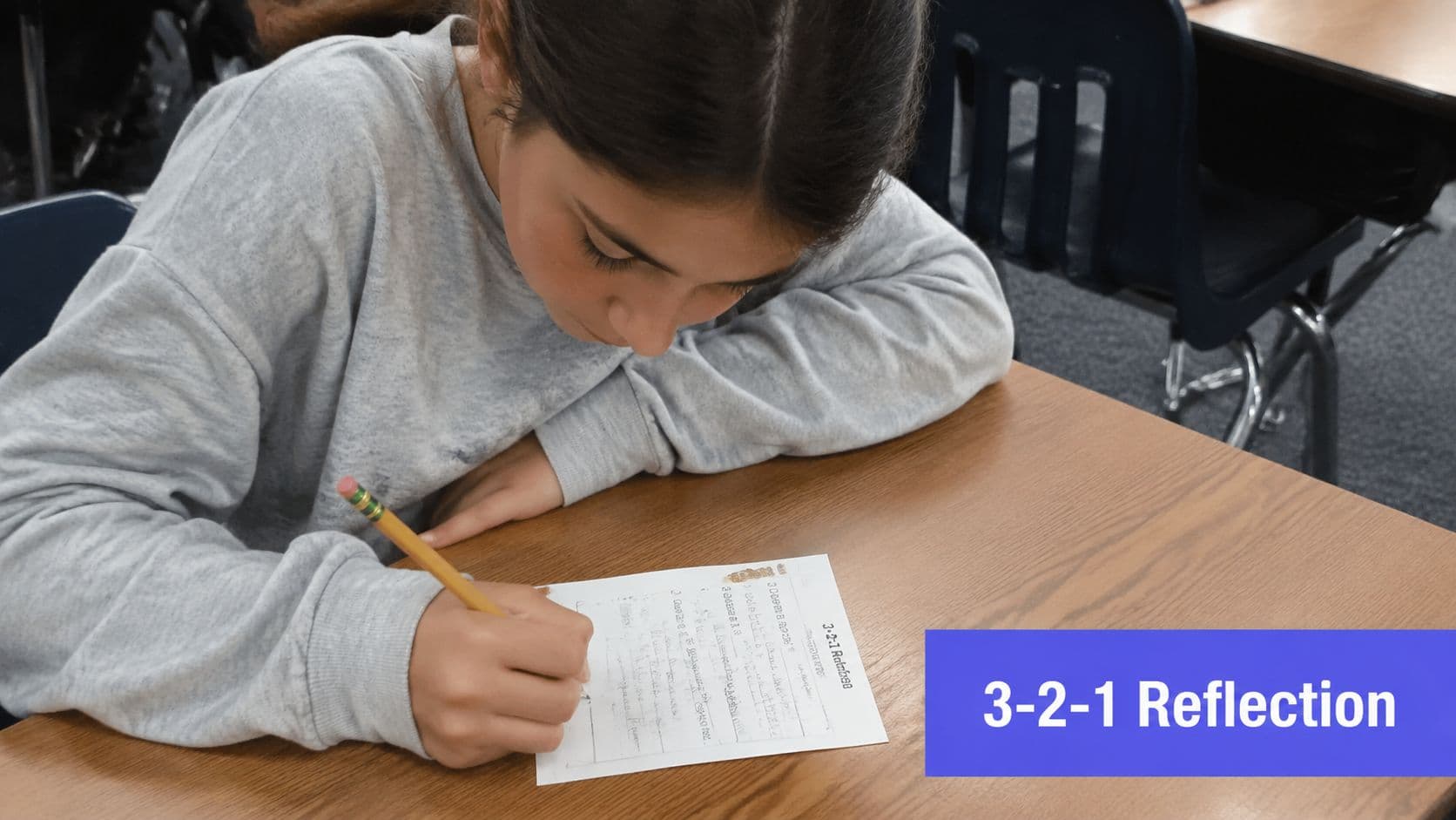 A young female student sitting at a desk while writing on a 3-2-1 reflection paper.