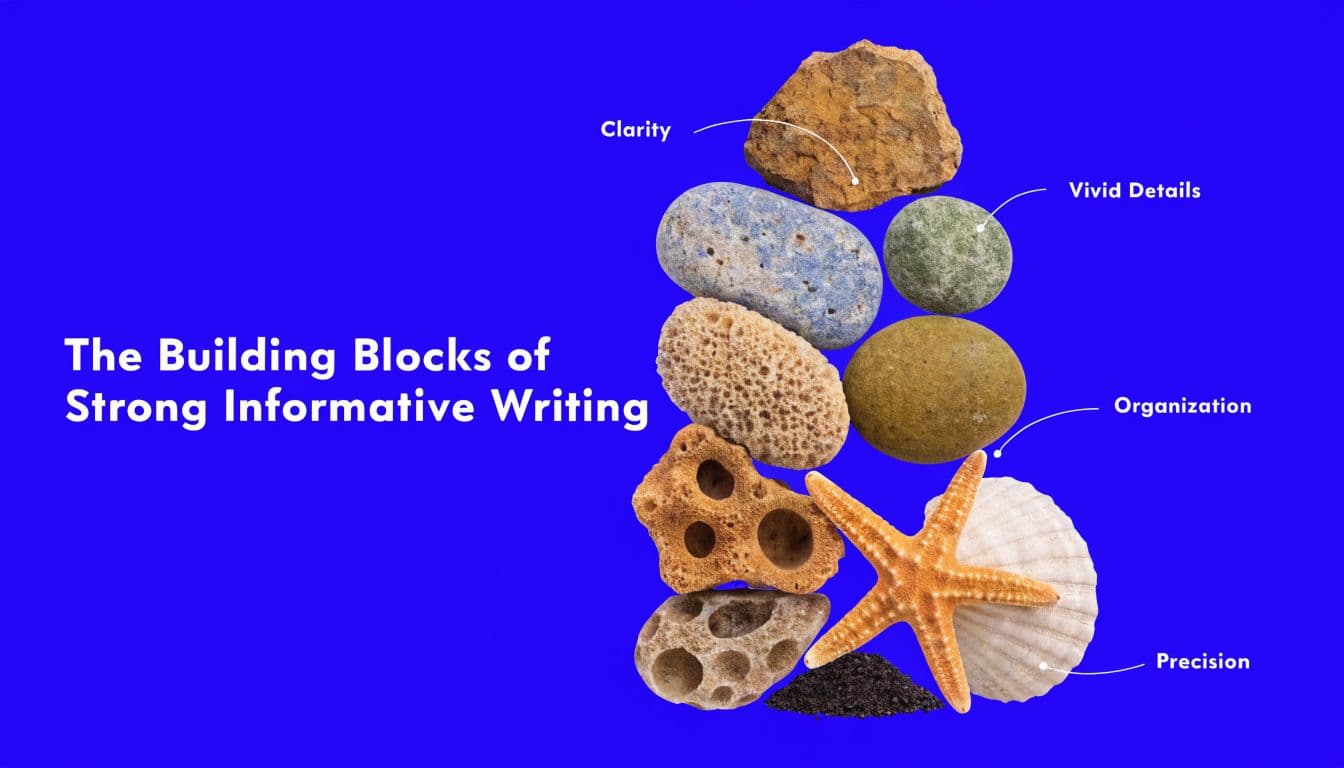 A visual representation of the building blocks of strong informative writing, using a stack of rocks and shells.