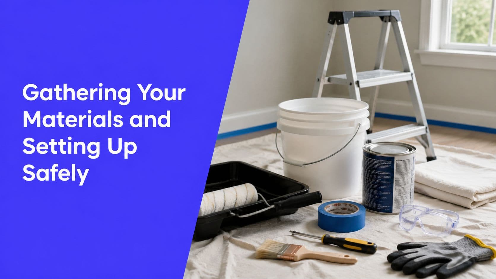 A painting setup with a ladder, paint can, roller, brushes, tape, and protective gear on a drop cloth.