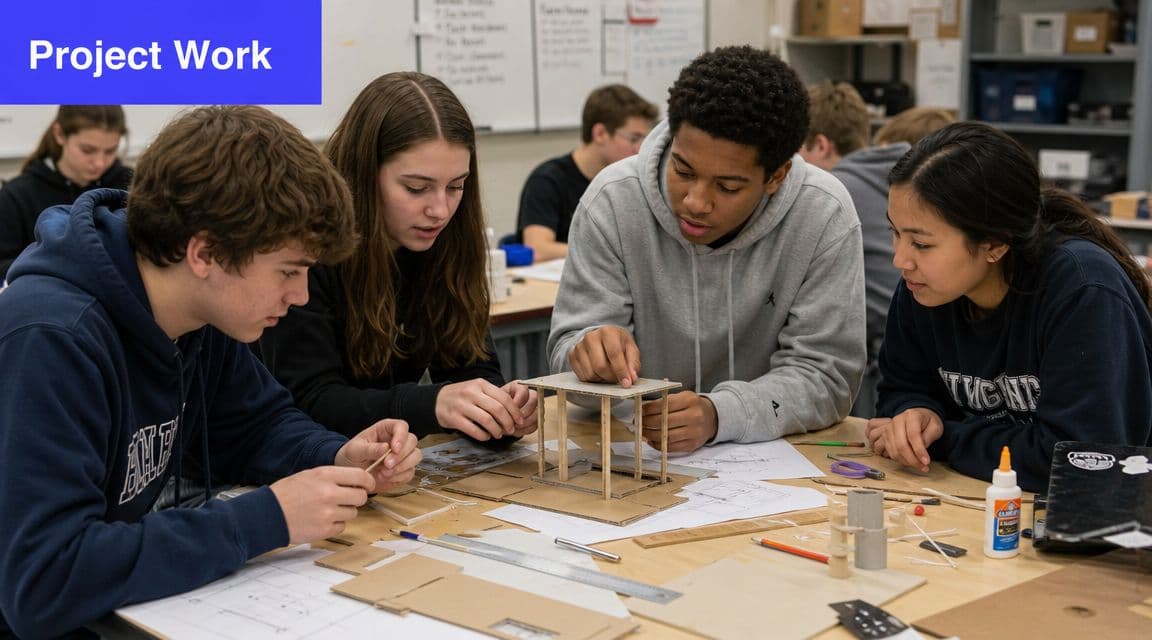 A group of high school students collaborating on a small architectural cardboard model in a classroom setting.