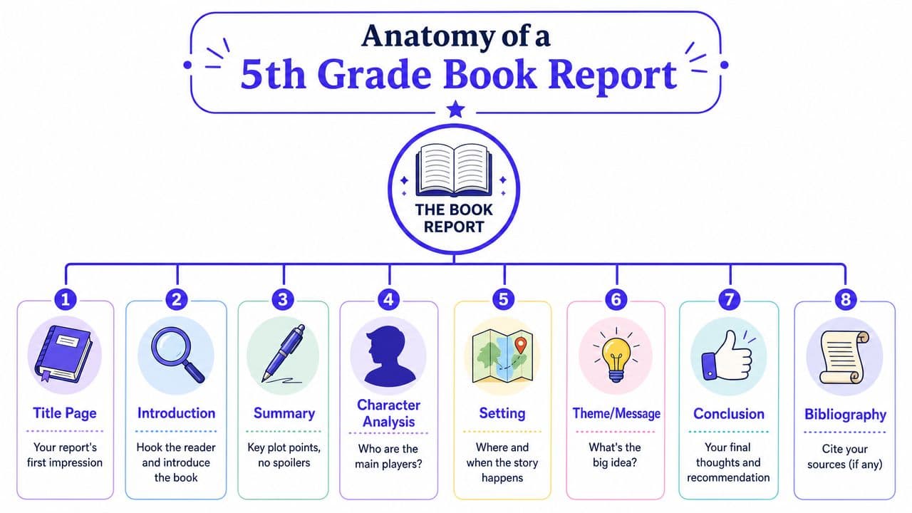 A visual guide outlining the eight key components required for creating a structured 5th grade book report.