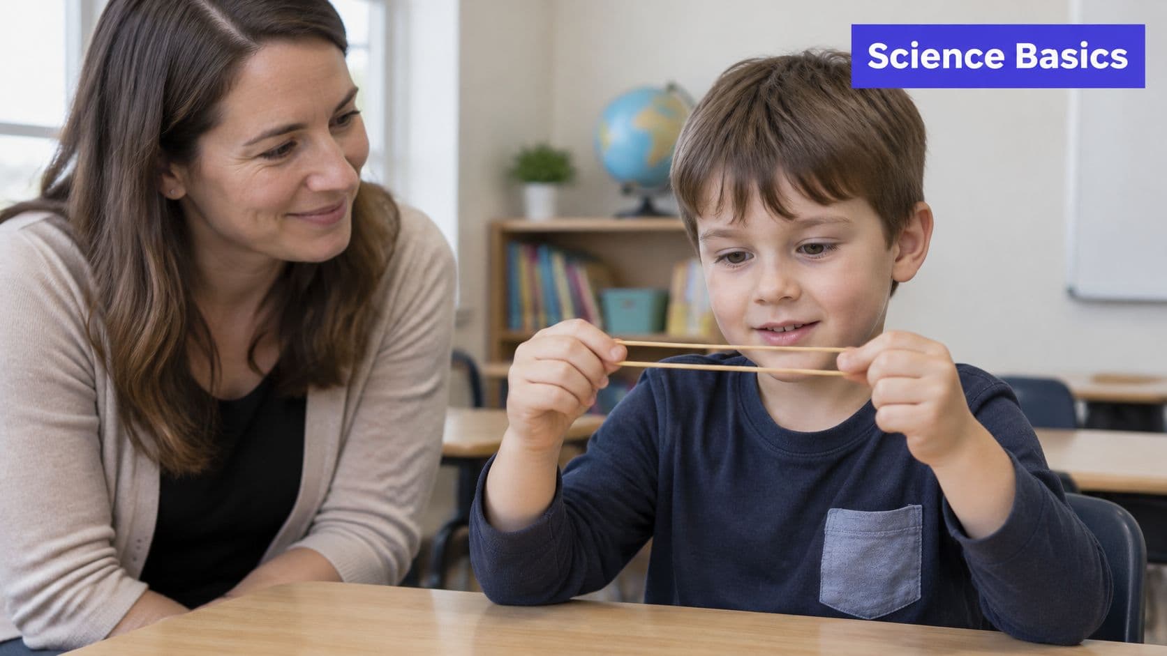 A teacher watches a young male student exploring the properties of a rubber band in a classroom.