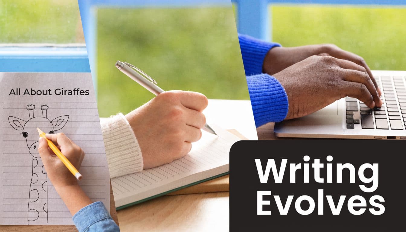 A composite image showing a child drawing a giraffe, someone writing in a notebook, and typing on a laptop.