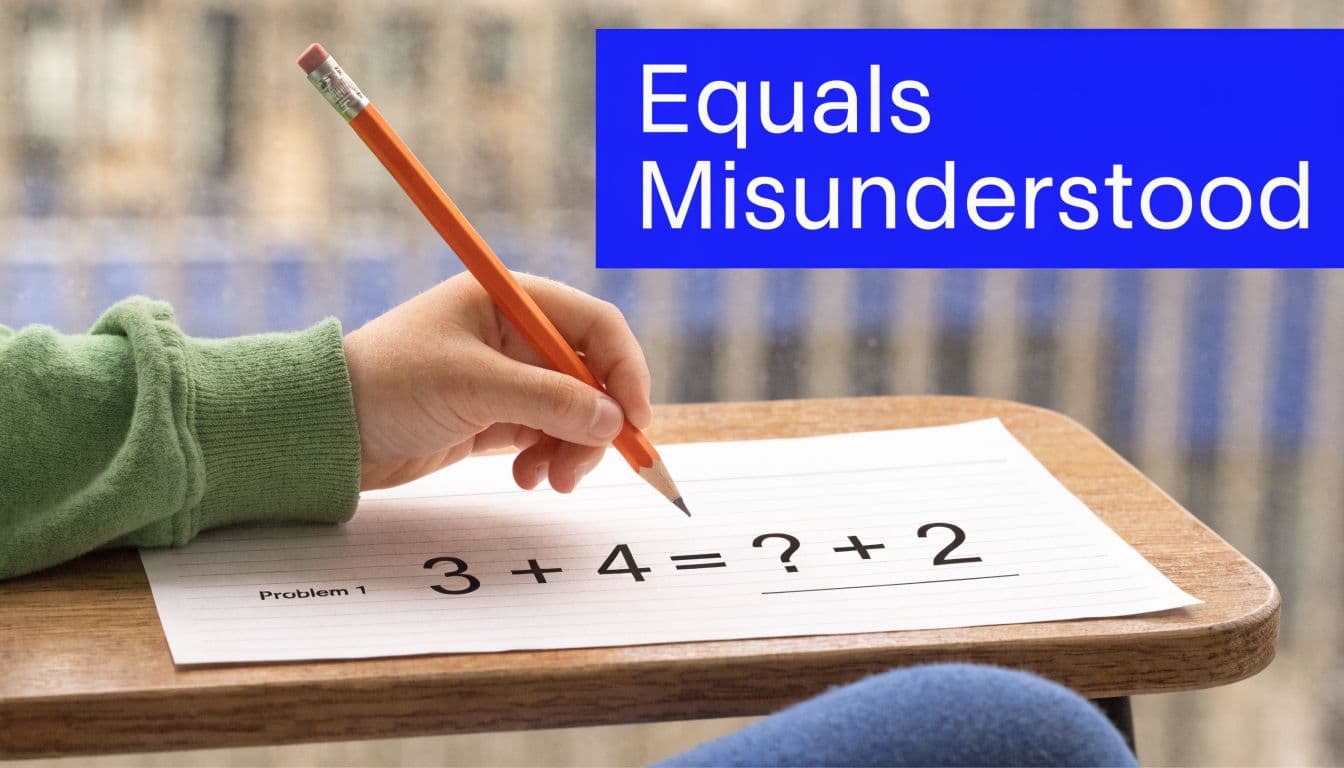 A child holds a pencil to solve the math equation 3 plus 4 equals question mark plus 2.