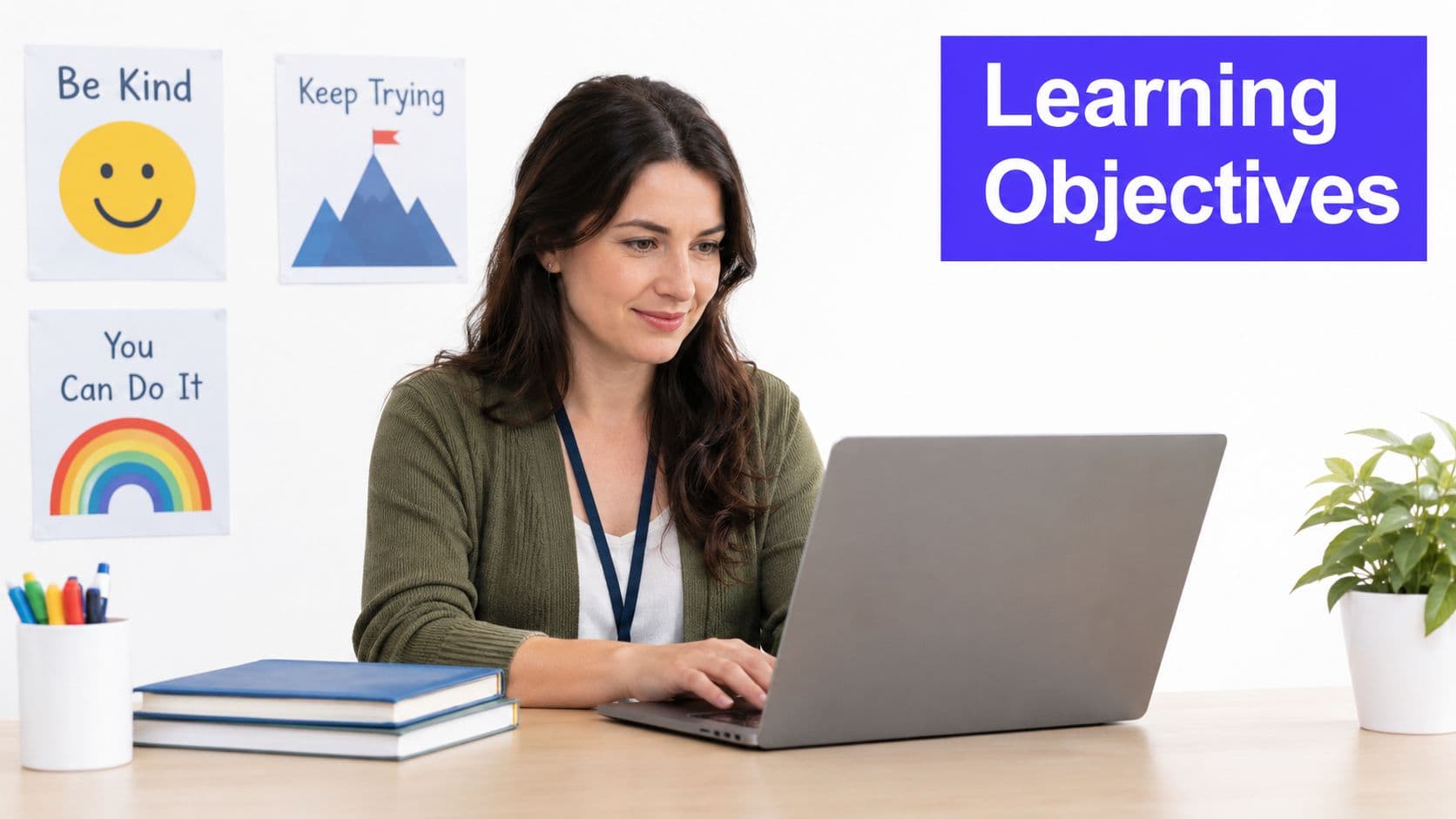 A smiling teacher wearing a cardigan types on a laptop at a desk with motivational wall posters.