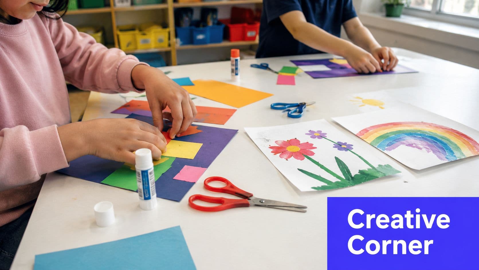 Children working on colorful craft projects with glue, scissors, and paper at a classroom table.