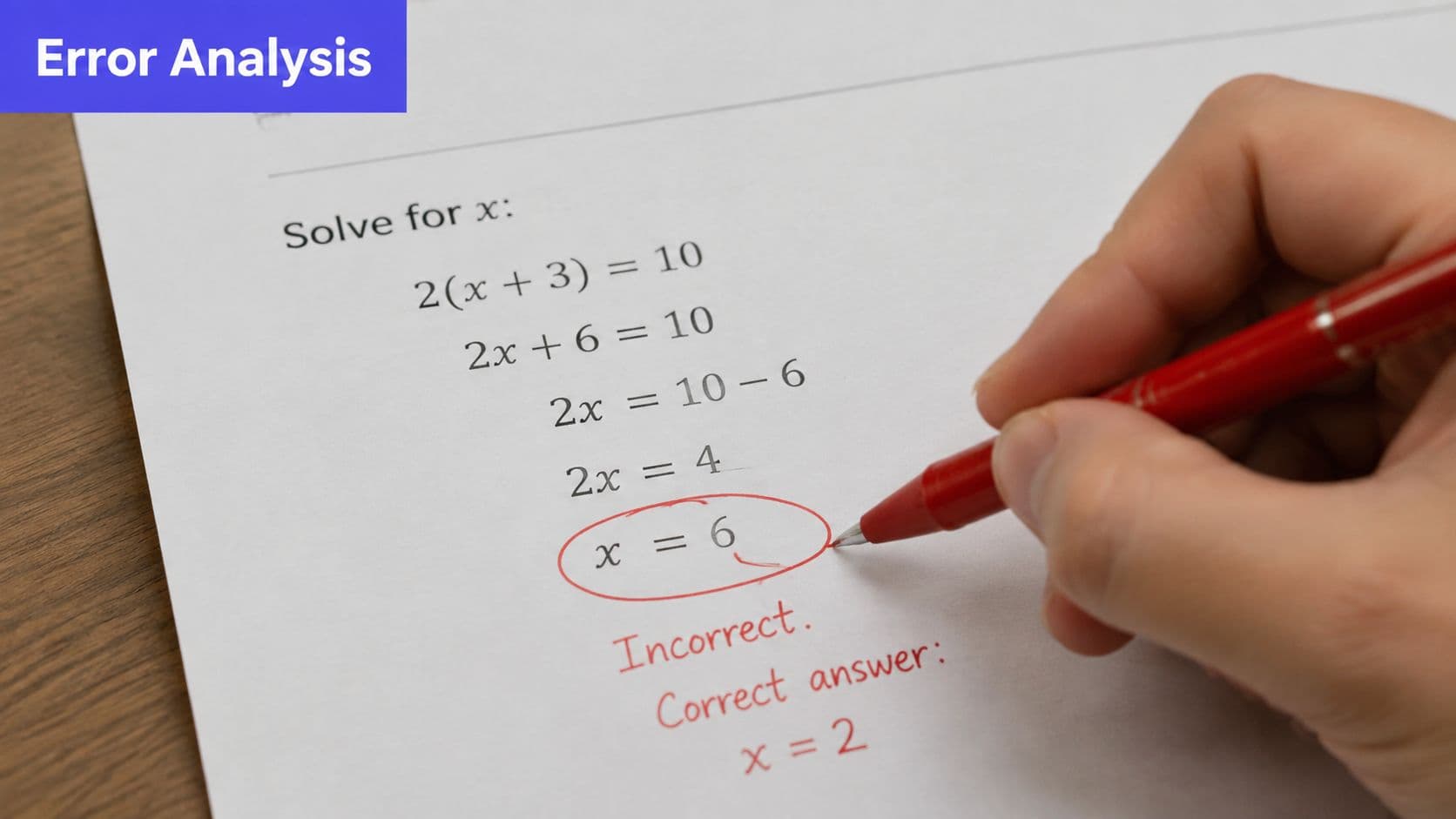 A close-up view of a math problem on paper with an incorrect answer corrected by red pen.