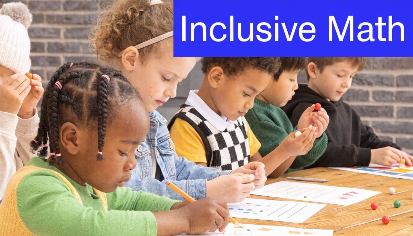 A diverse group of preschool children sitting at a wooden table engaging in a math activity.