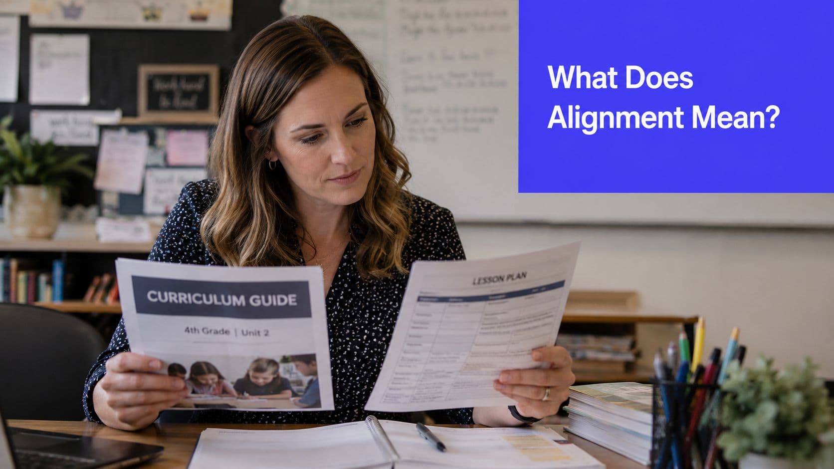 A female teacher reviewing a fourth grade curriculum guide and a lesson plan at her desk.