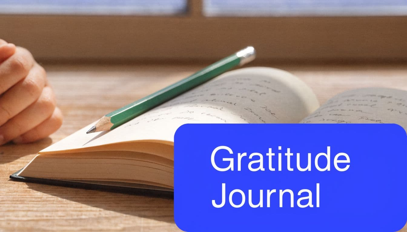 A close up of an open gratitude journal with a green pencil resting on the page.