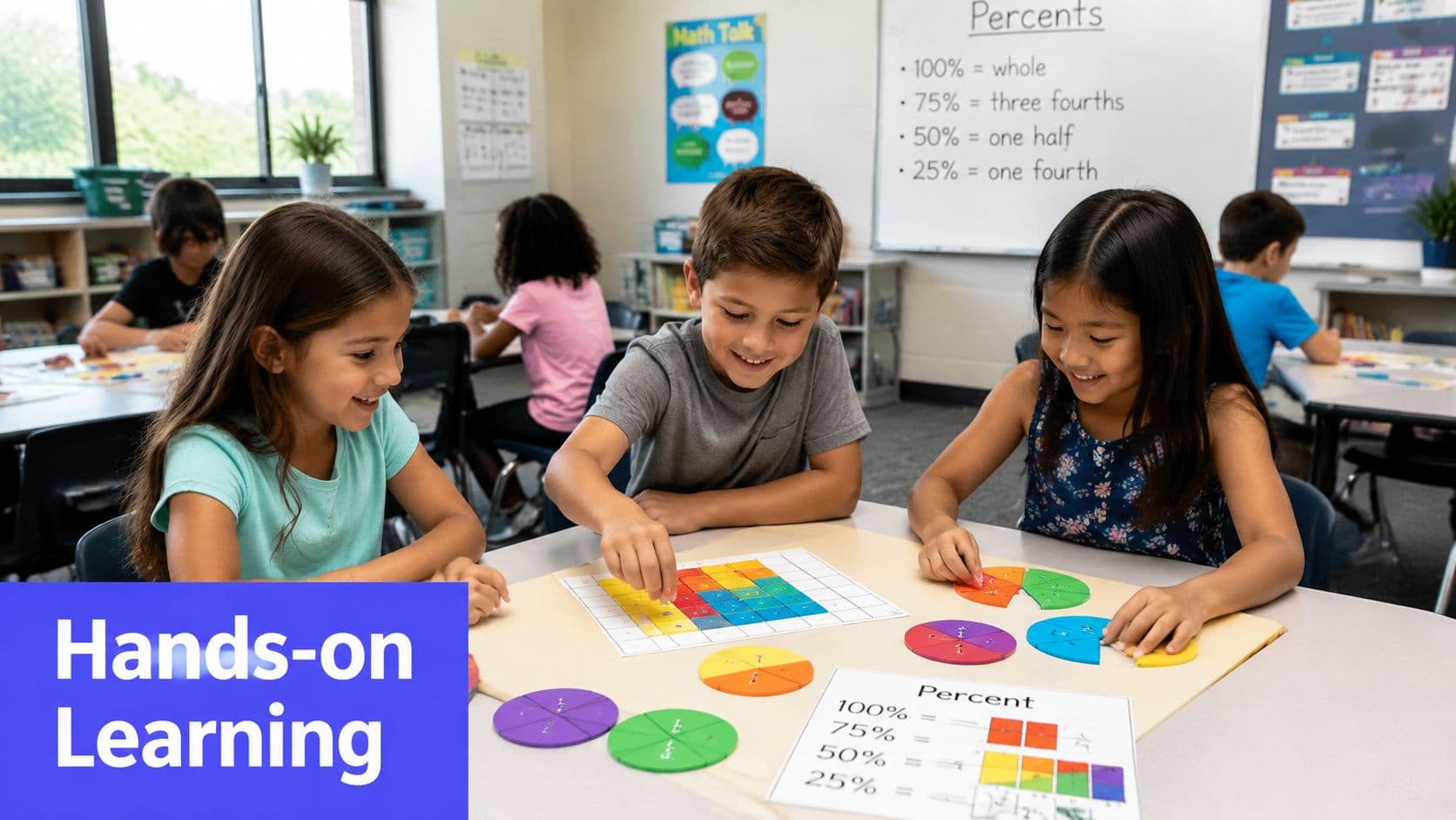 A group of elementary students working together on a hands-on math project about percentages in a classroom.