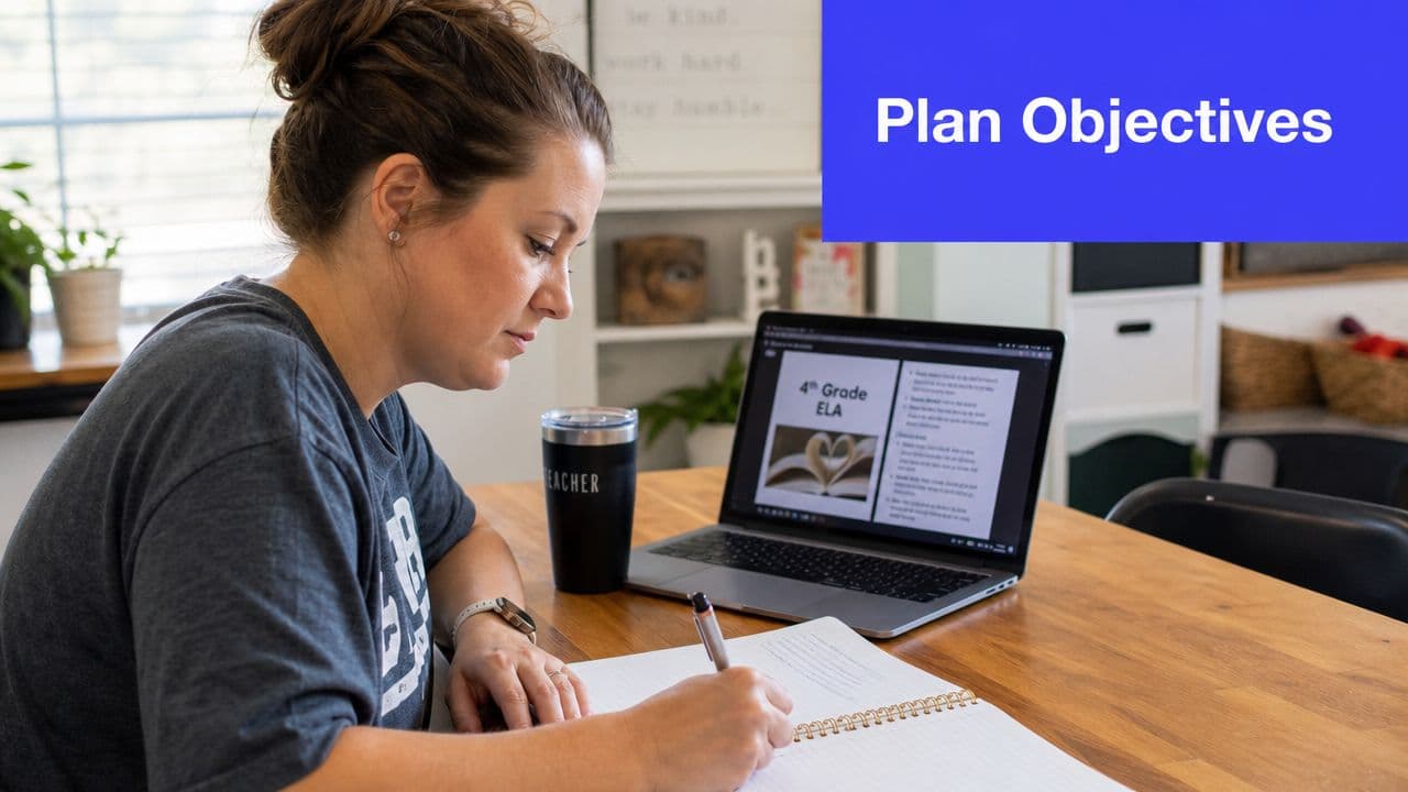 A teacher sitting at a wooden table, writing in a notebook while looking at lesson plans on a laptop.