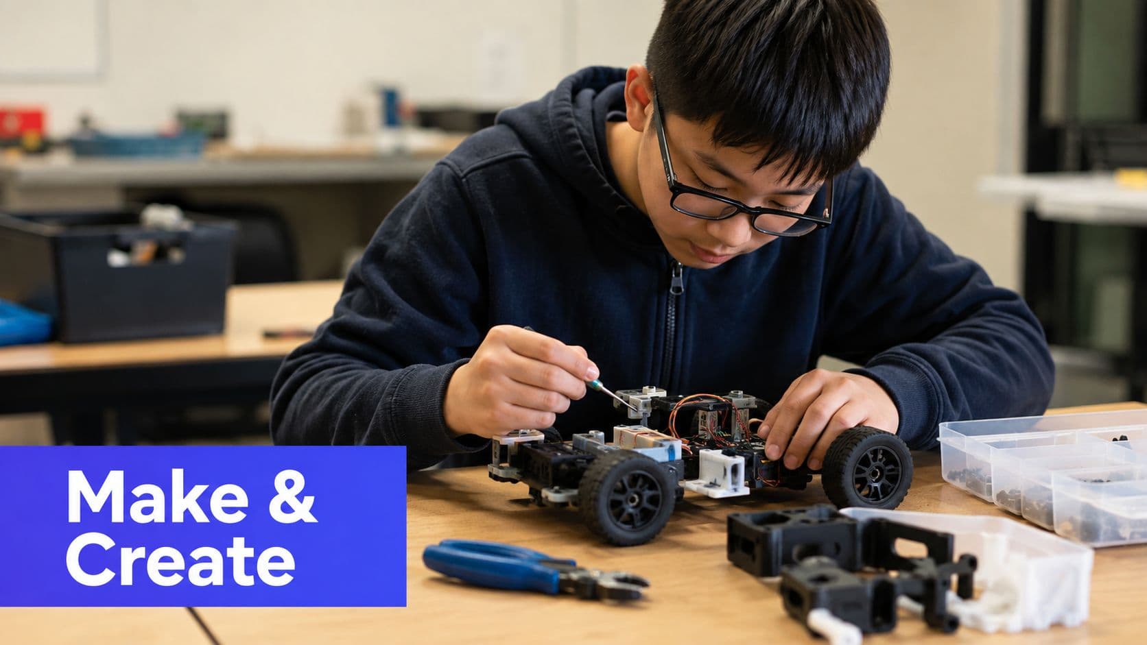 A young student wearing glasses focused on assembling and repairing a small robotic vehicle in a classroom.