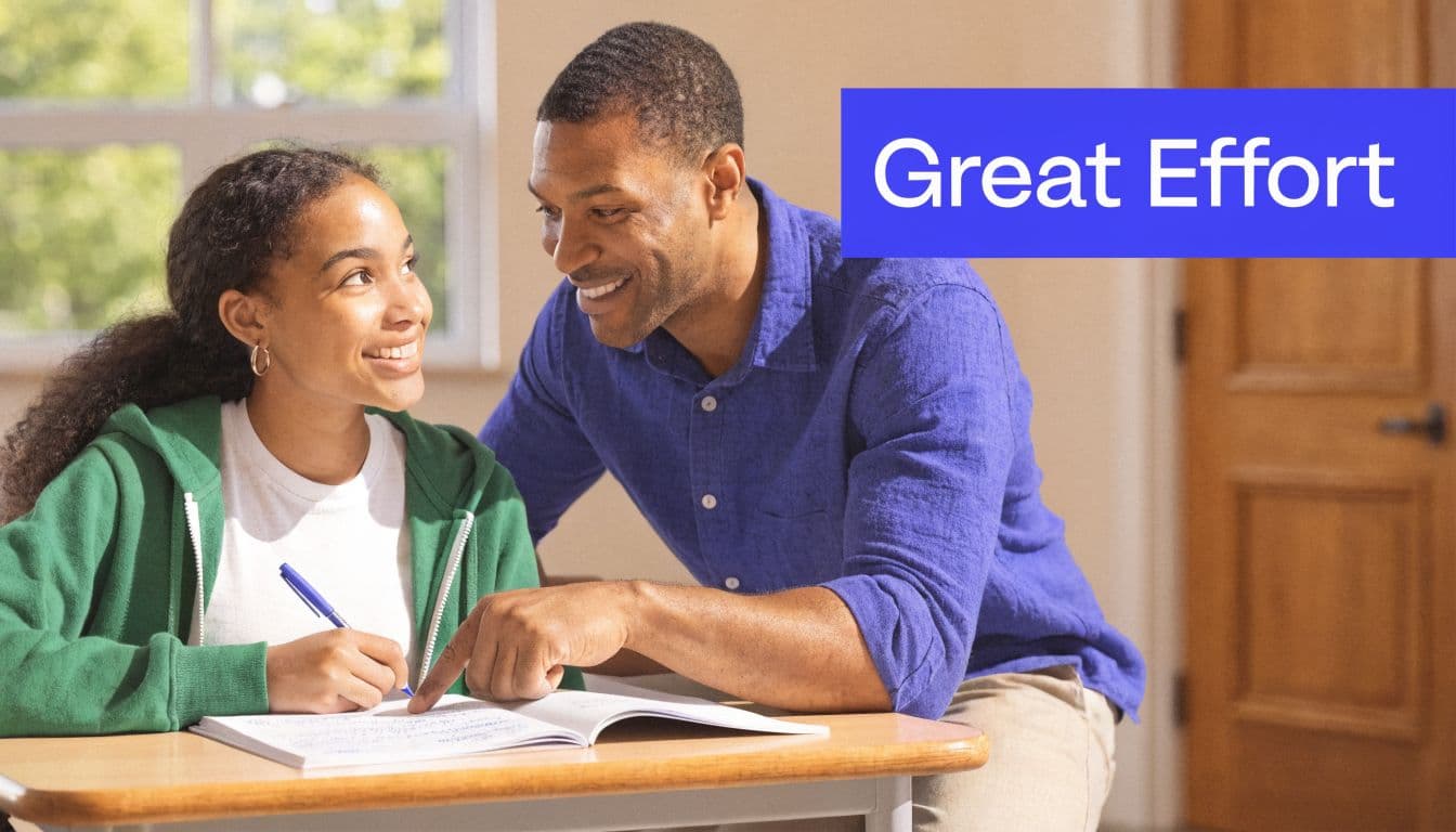 A supportive teacher smiles while guiding a female high school student with her school work in classroom.