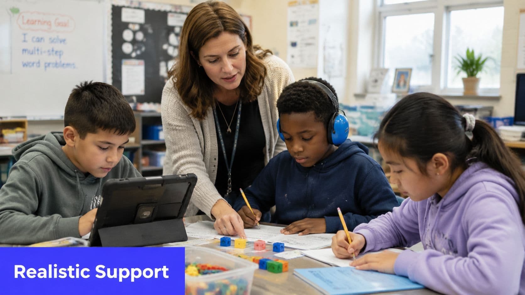 A teacher provides individualized instruction and realistic support to three diverse elementary students working at a desk.