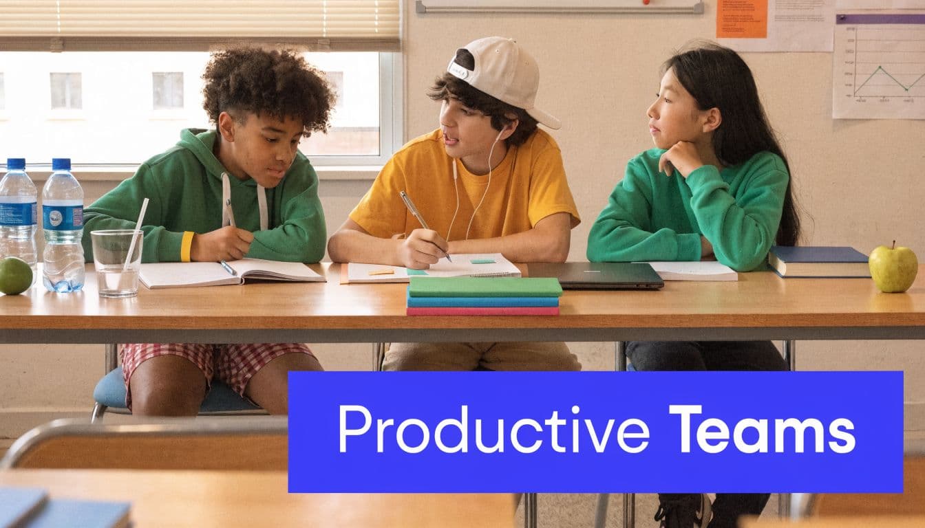 Three diverse students working together at a wooden table in a brightly lit classroom.