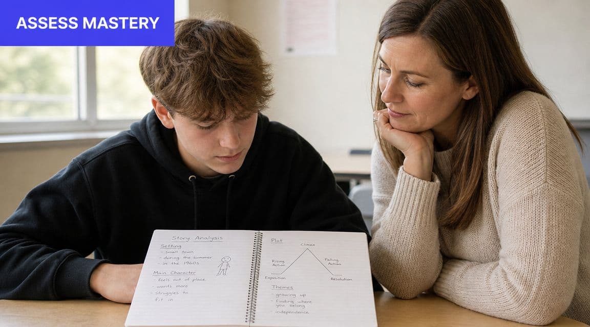 A teenage boy and a tutor discussing a notebook containing a story analysis and plot diagram.