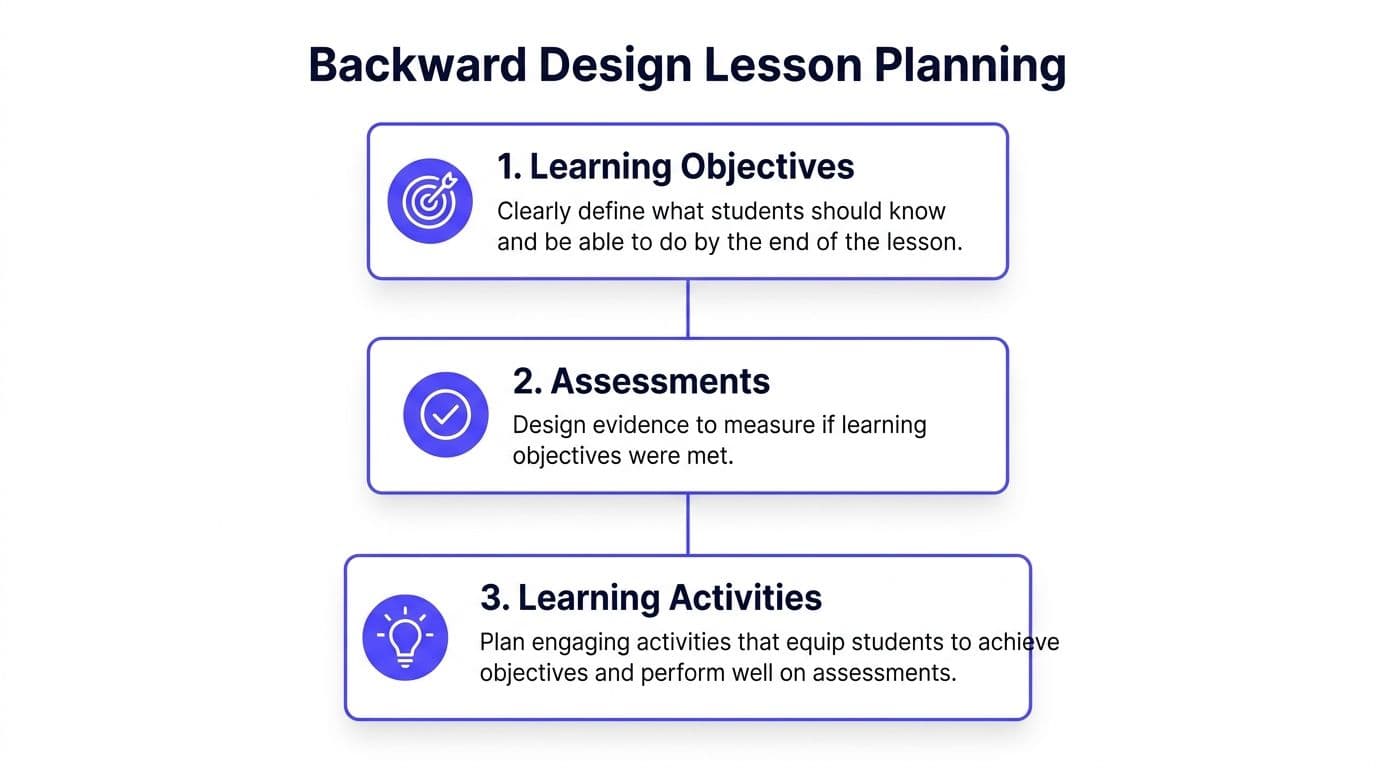 A diagram illustrating the three steps of backward design lesson planning: objectives, assessments, and learning activities.