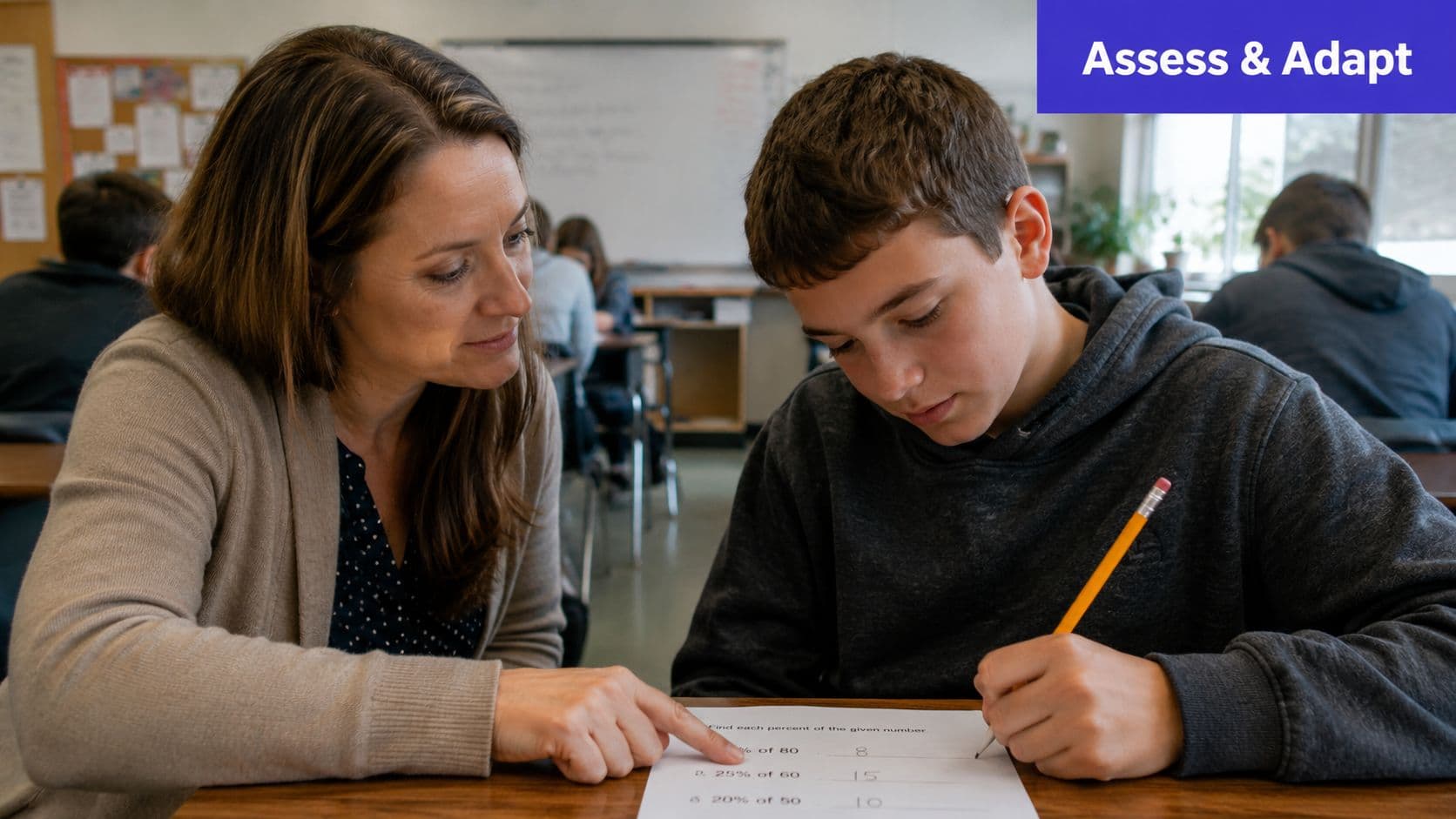 A teacher assisting a young student with his math homework on percentages in a classroom setting.