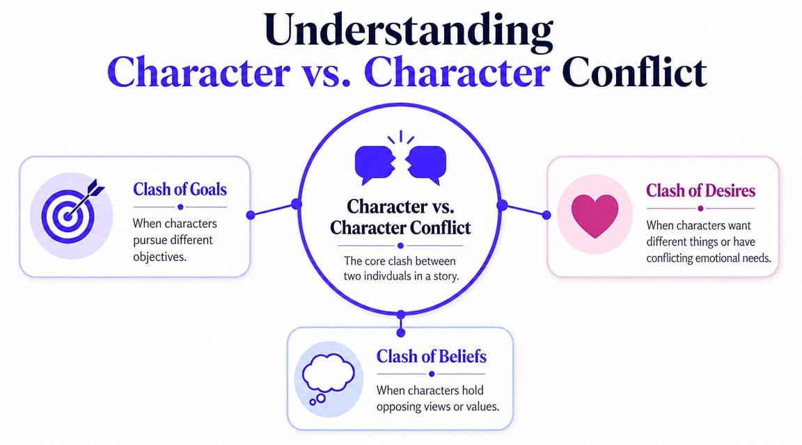 A diagram explaining Character vs. Character conflict as a clash of goals, desires, and beliefs.