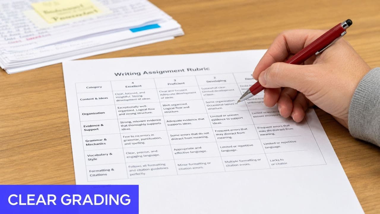 A hand holding a red pen while grading a printed writing assignment rubric on a wooden desk.