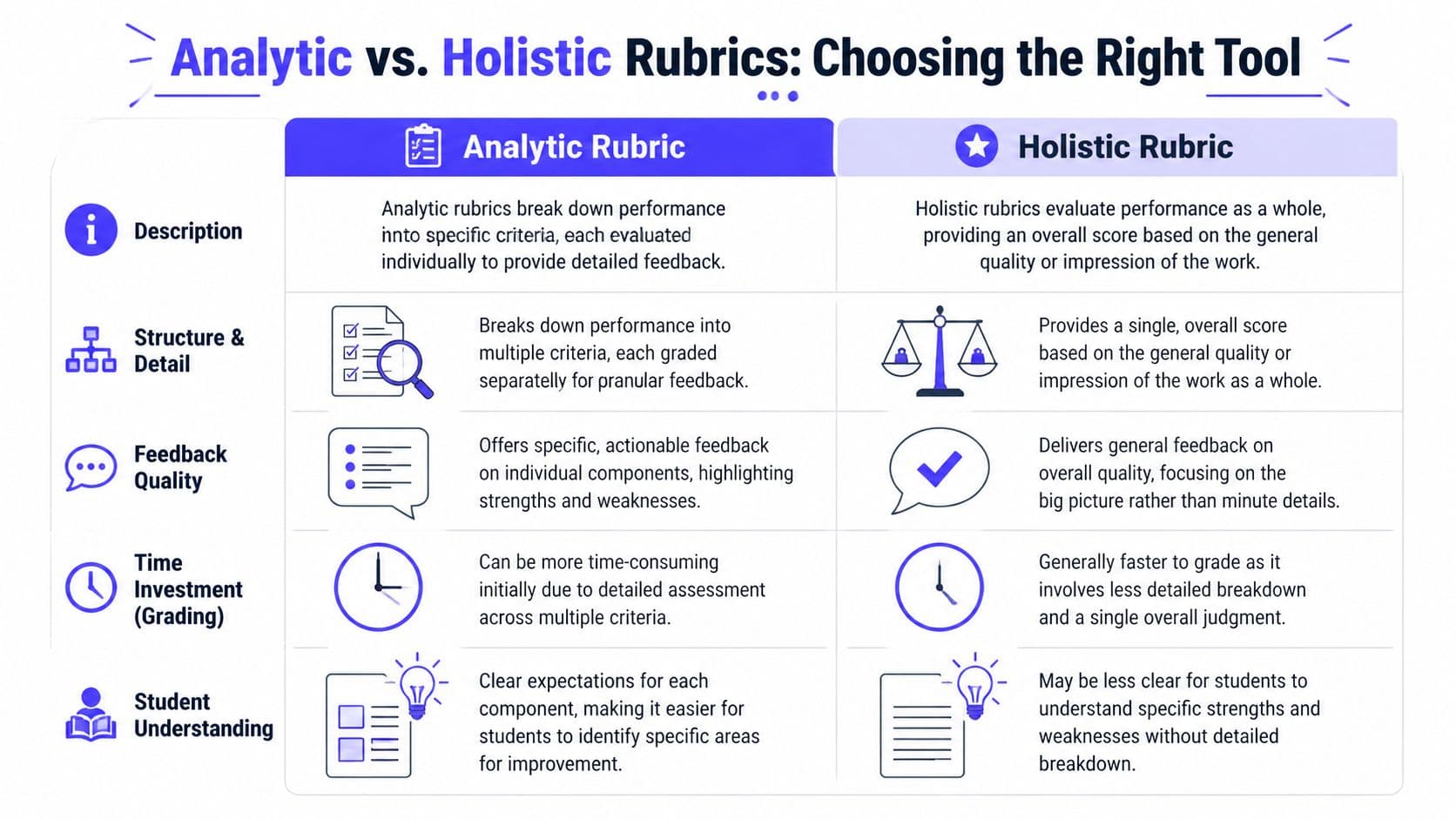 A comparison chart outlining the key differences between analytic and holistic rubrics for educational assessment.