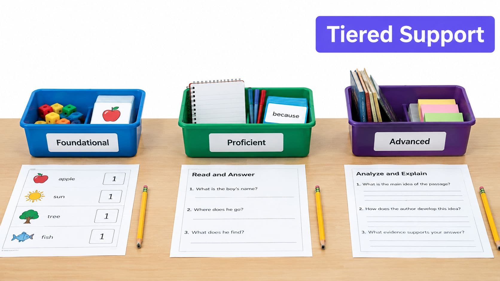 Three colored bins labeled Foundational, Proficient, and Advanced with corresponding educational worksheets and school supplies on a table.