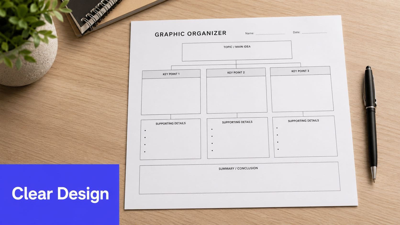 A printed graphic organizer sheet on a wooden desk next to a pen and potted plant.