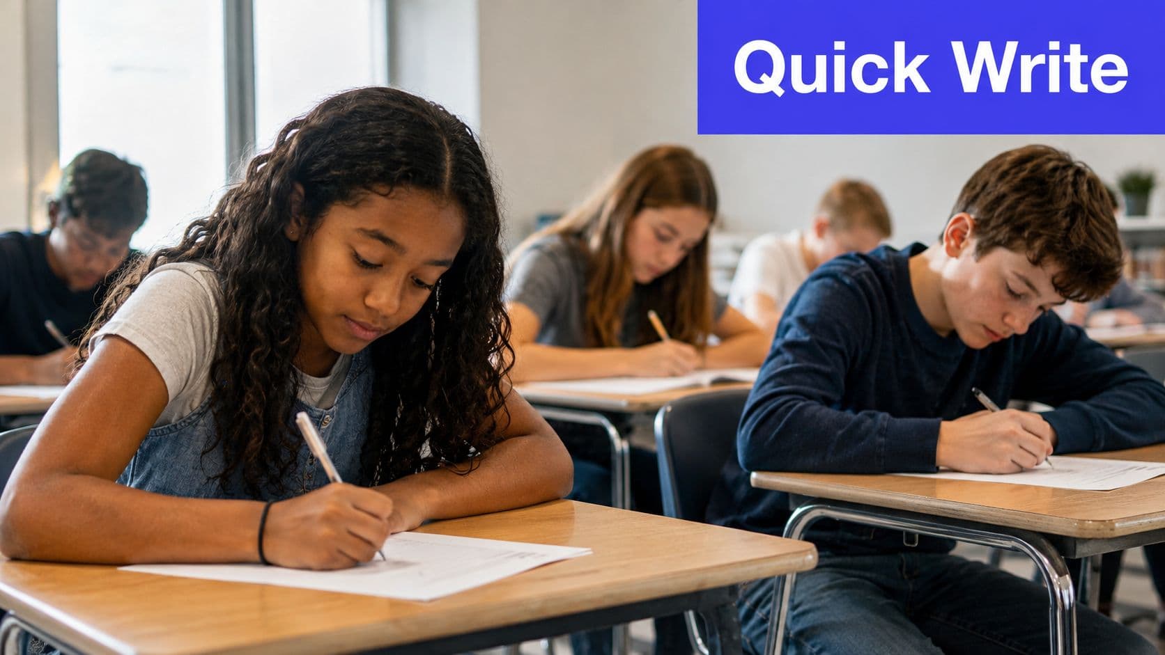 A diverse group of students focused and writing on papers at their desks in a classroom setting.