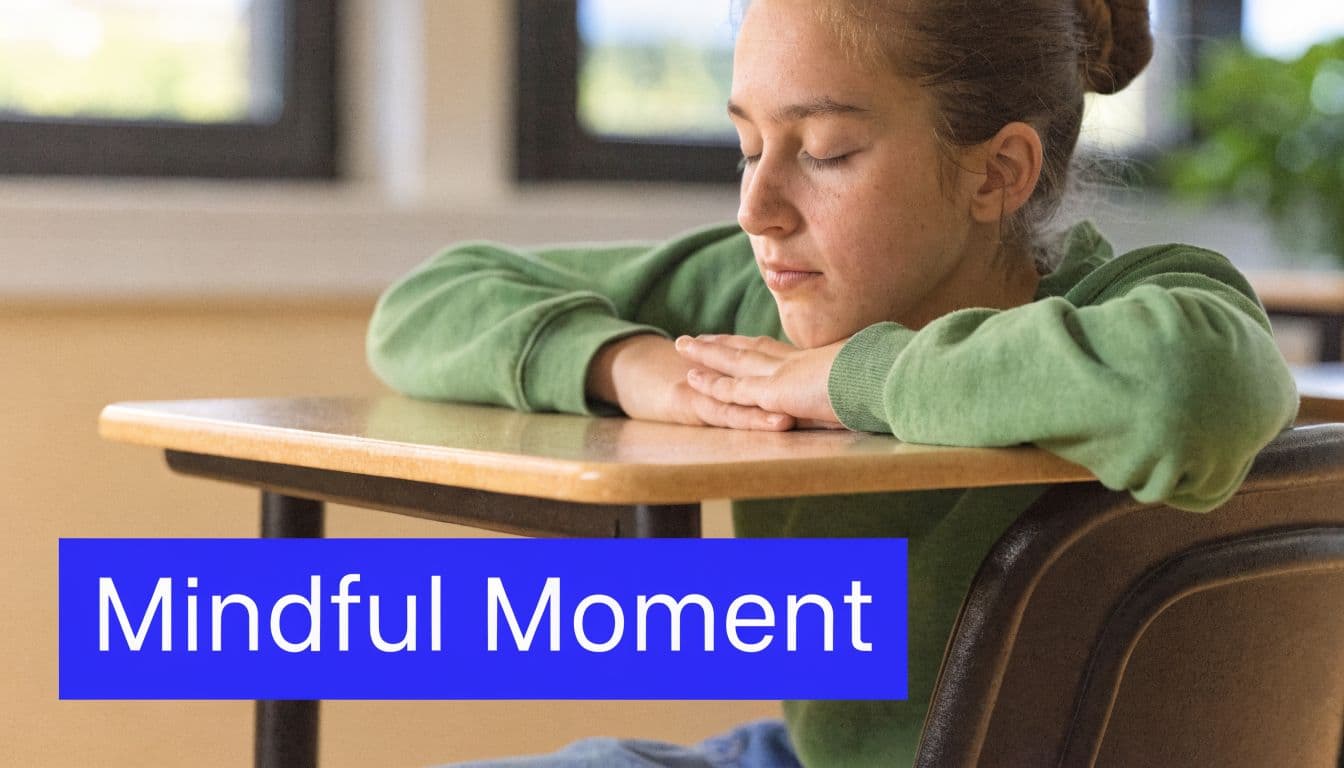 A middle school student resting their head on their arms during a classroom mindful moment activity.