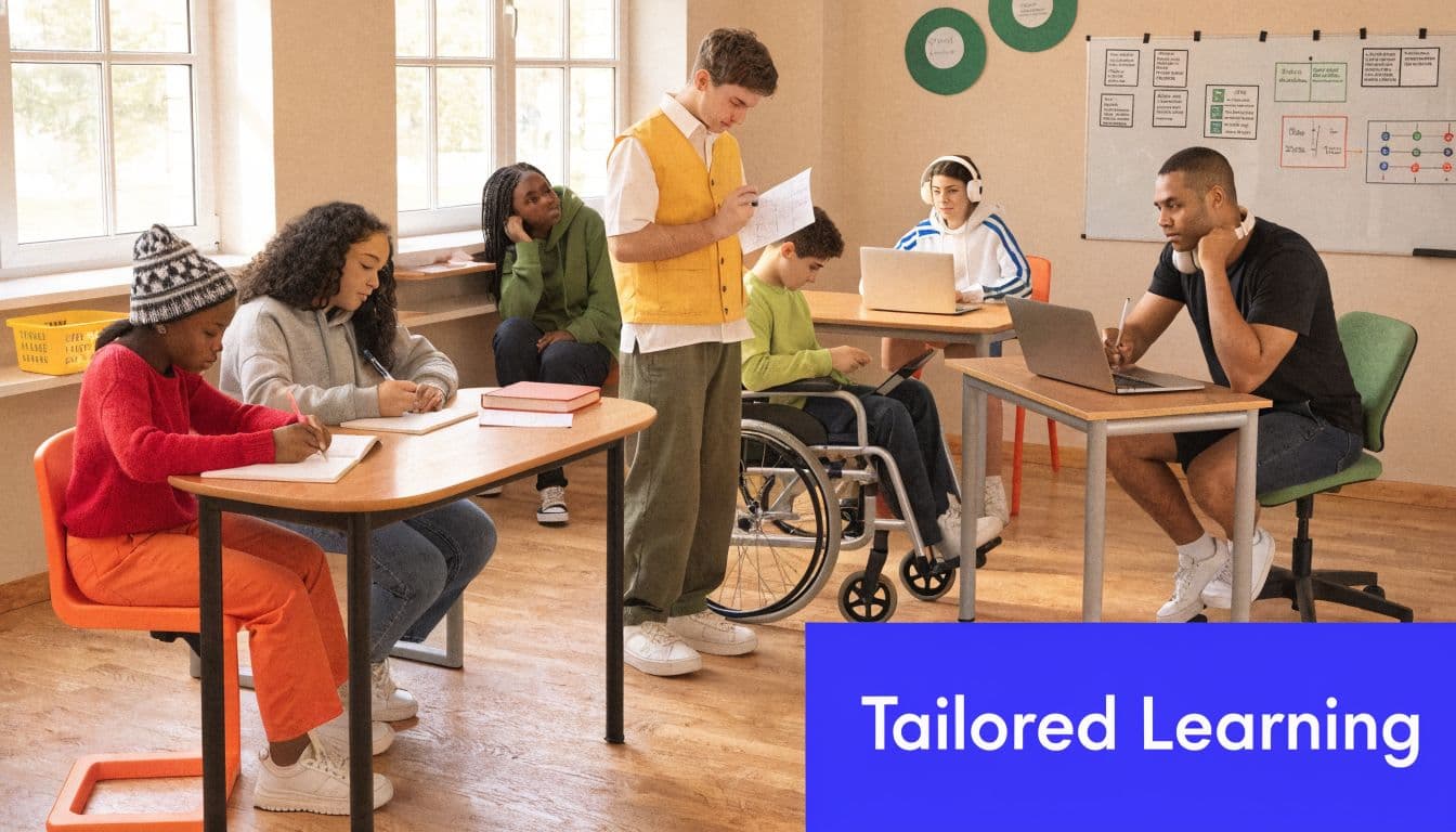 A diverse group of students working in an inclusive, modern classroom with a teacher providing guidance.