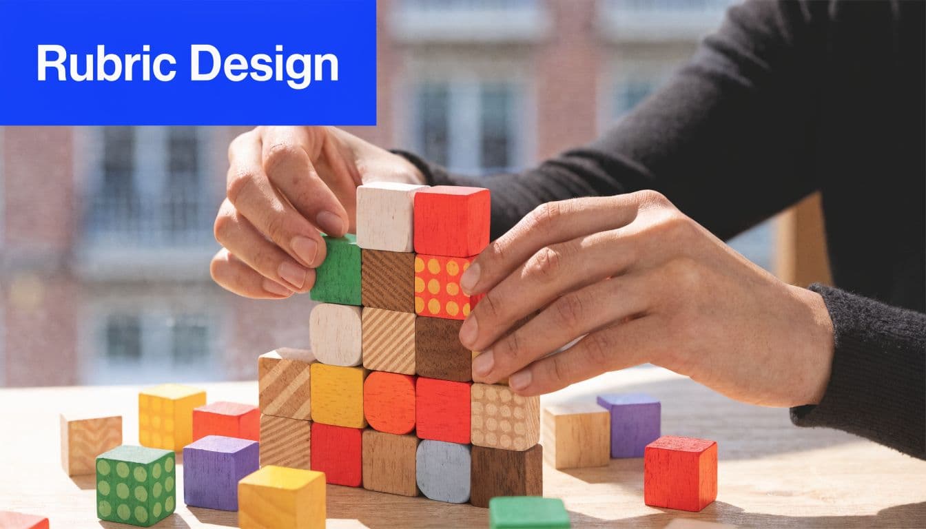 A pair of hands carefully stacking colorful wooden building blocks on a light wooden table surface.