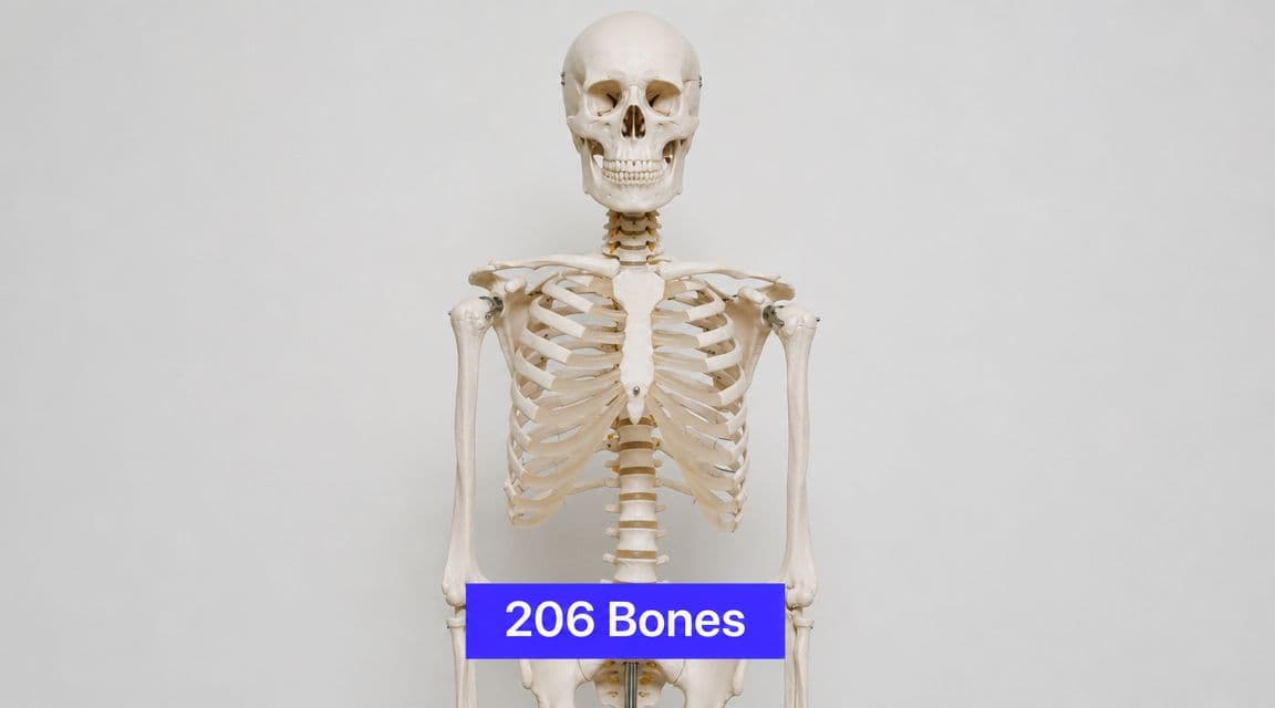 A human skeleton model isolated against a white background with a blue label stating 206 Bones.