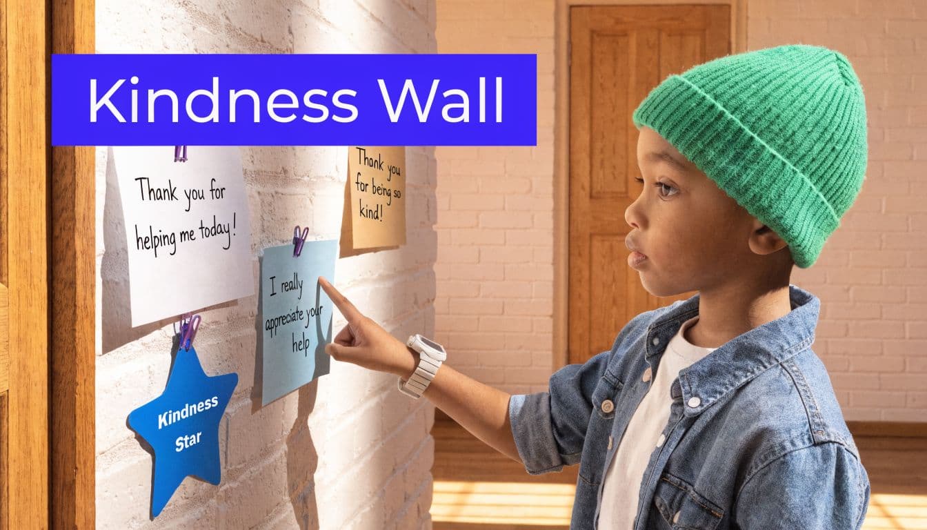 A young boy wearing a green beanie points to a note on a classroom kindness wall.