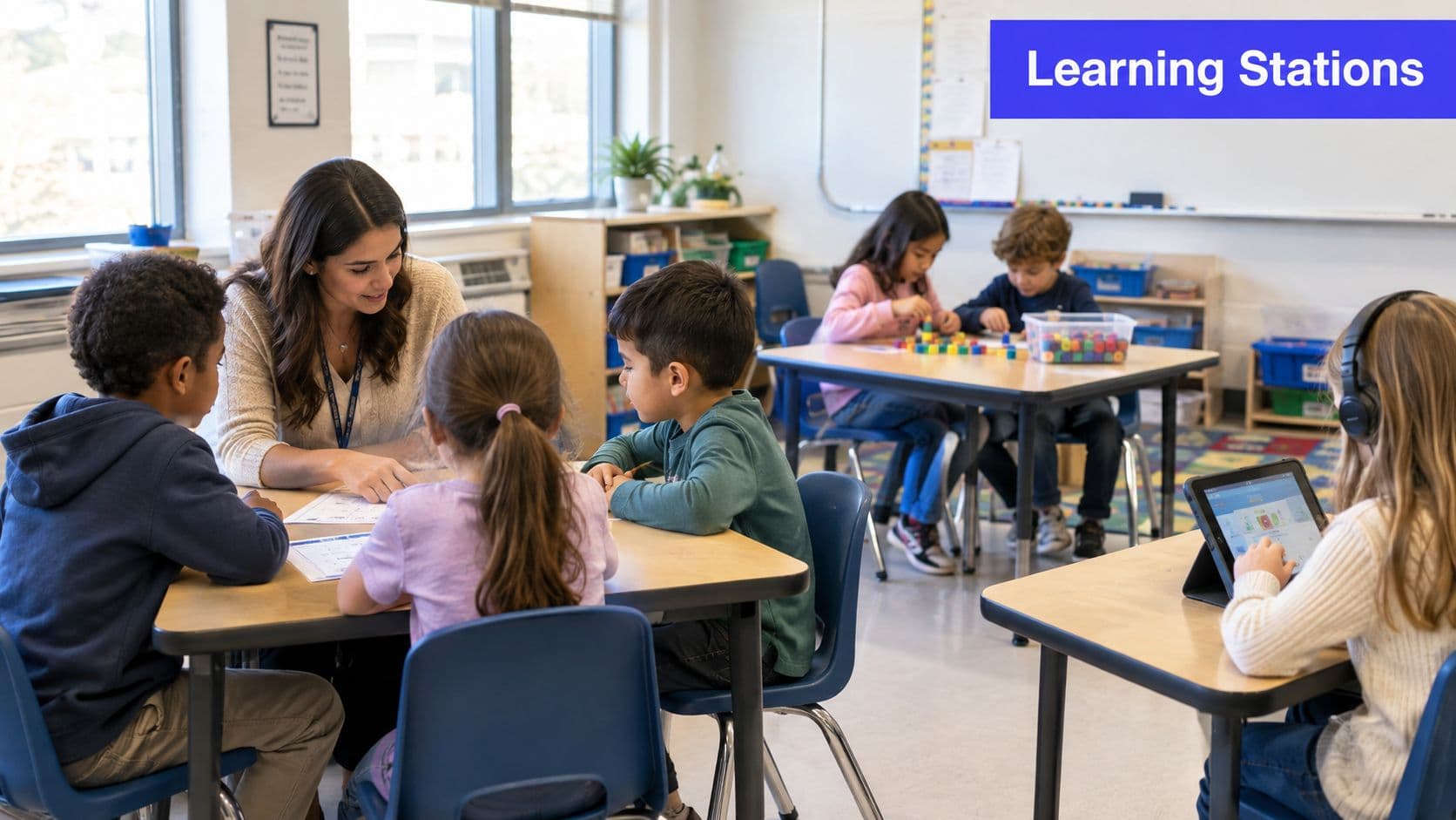 A teacher guides a small group of elementary students working at tables in a bright classroom setting.